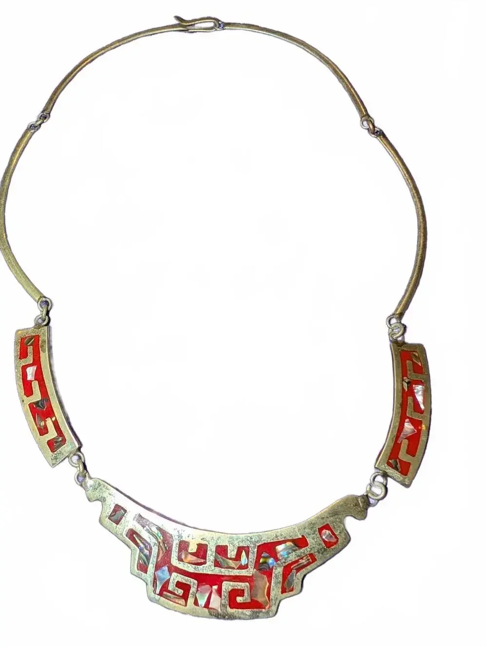 Vintage Alpaca Mexico Red Inlay Geometric Metal Necklace